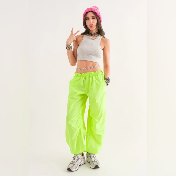 NWT NEON TECH PARACHUTE PANTS, NEON YELLOW, VARIOUS SIZES - Picture 2 of 7